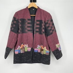 Vintage Embroidered Asian Art Jacket Size L Black Red Coat Handmade Art to‎ Wear